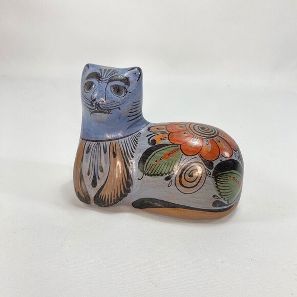 Mexican Folk Art Cat Earthen Ware Clay Figurine Hand Painted Blue Floral 5x4" - Picture 5 of 9